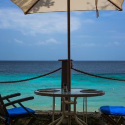 Landscape sea blue beach umbrellas iPad / Air / mini / Pro Wallpaper